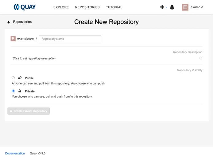 The Project Quay create repositories screen