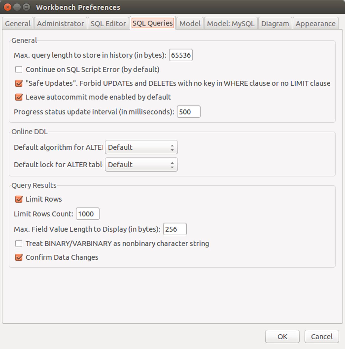 The SQL Queries configuration page