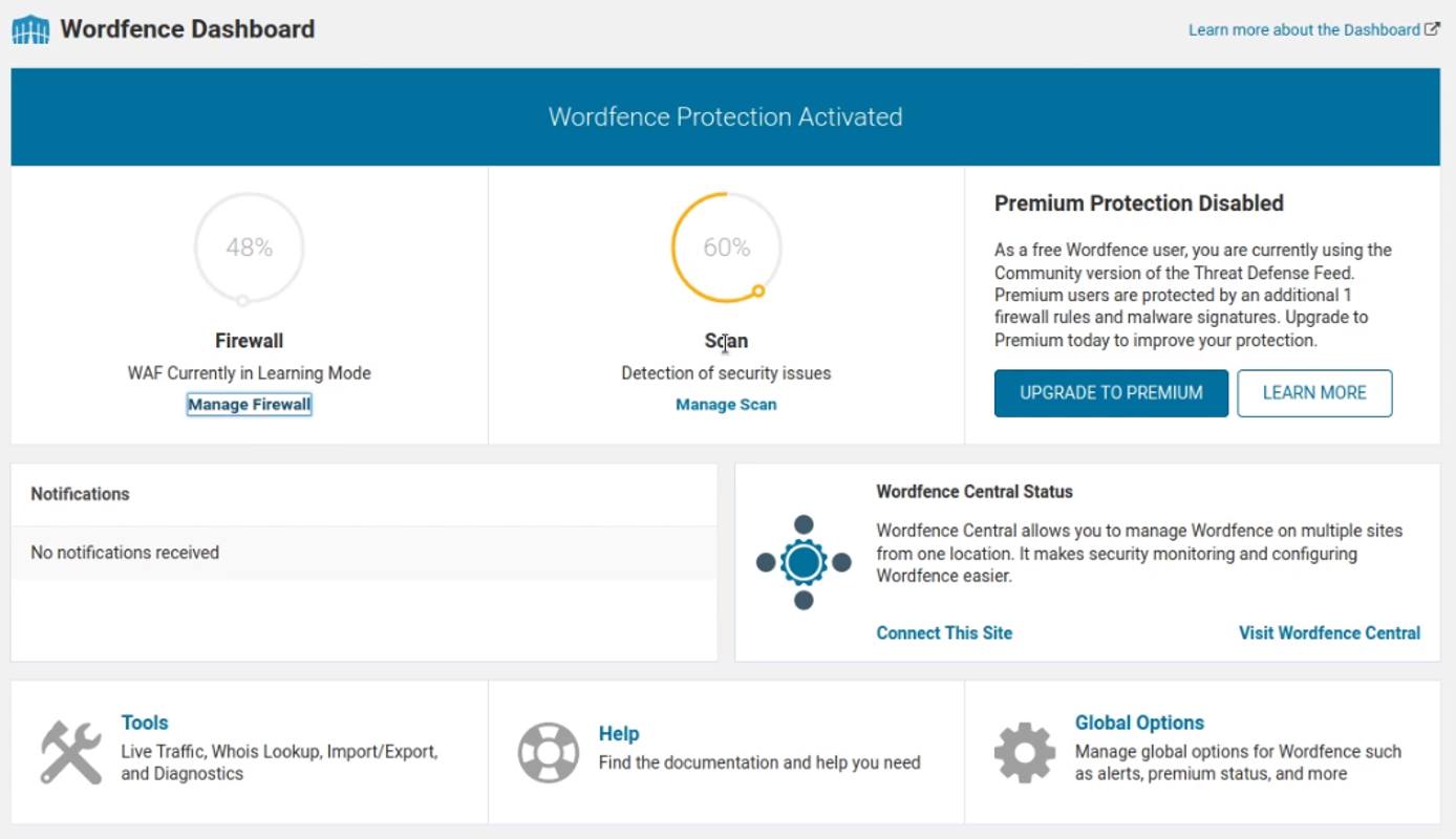 WordPress Wordfence Firewall Dashboard