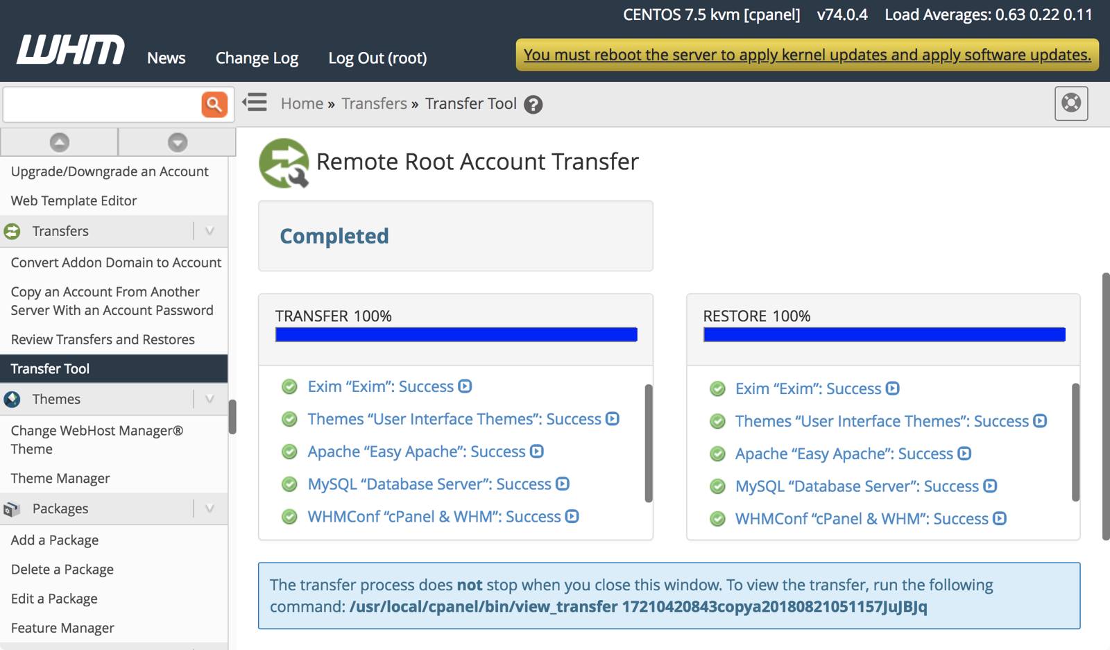 WHM Transfer Tool Progress Information