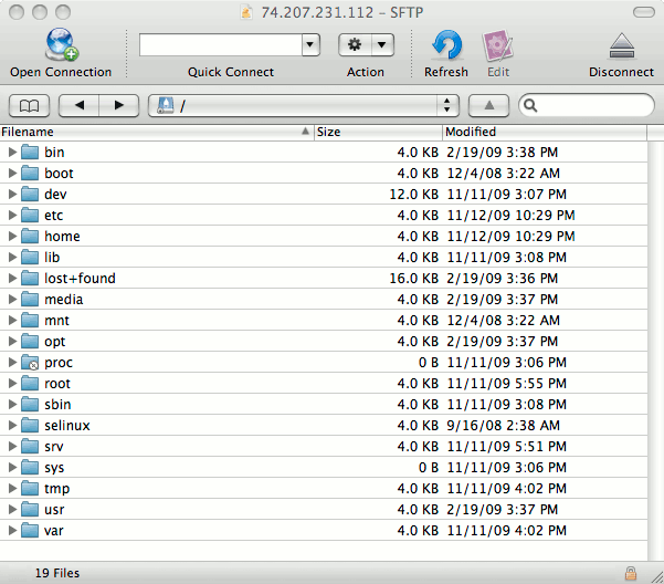 The root filesystem on a remote server in Cyberduck on Mac OS X.