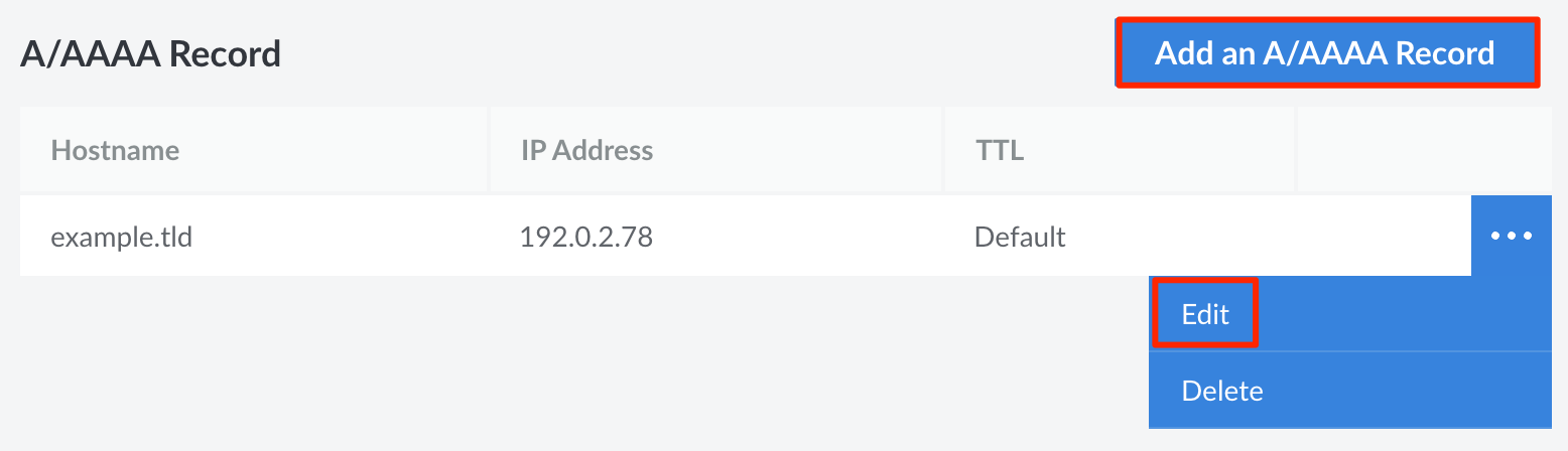 Screenshot of the A/AAAA section on the DNS Records page for a domain